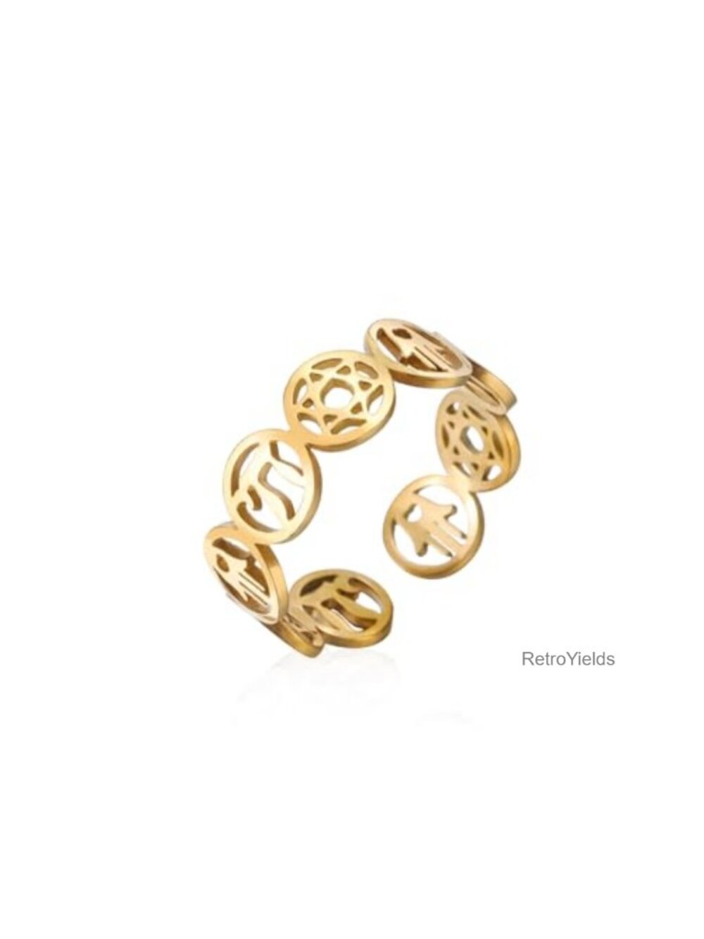 Hamsa Star of David Chai Stainless Steel Open Adjustable Ring